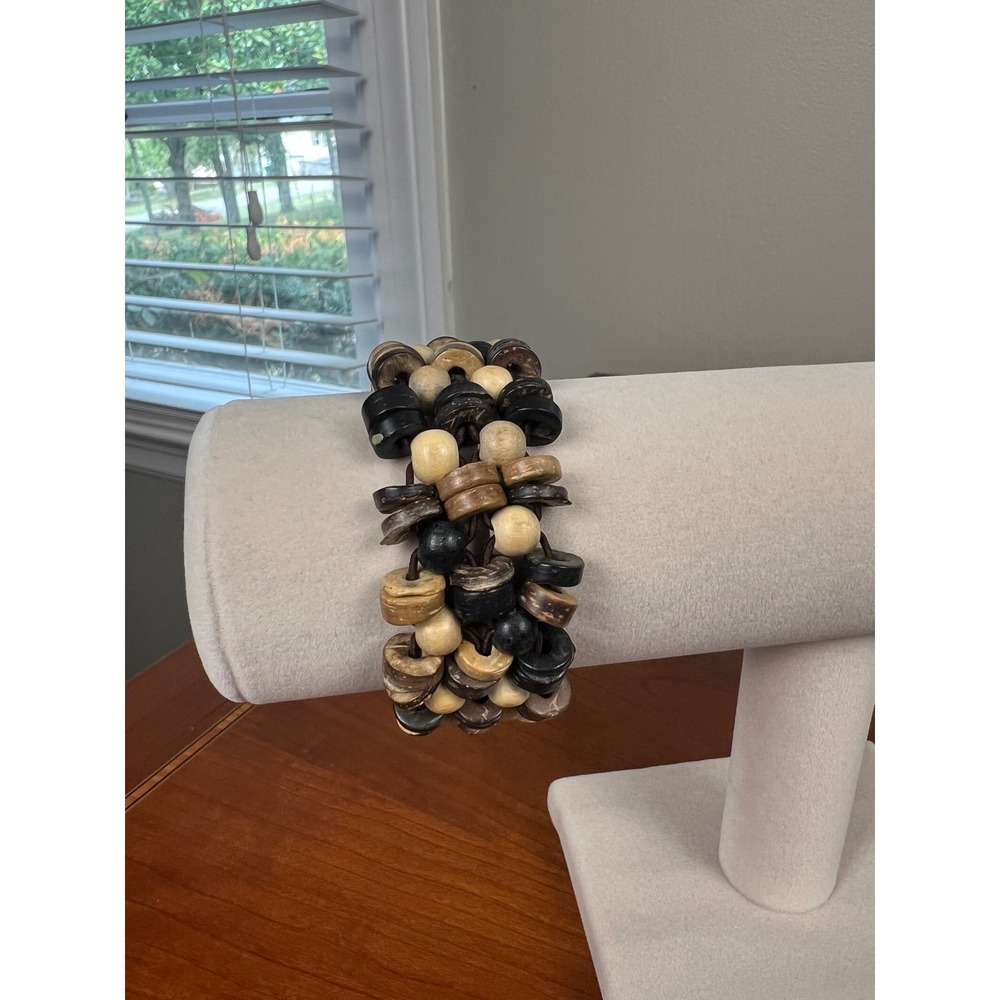 Boho Natural Wood Coconut Shell Bead Stretch Bracelet Chunky Earth Tone Multi